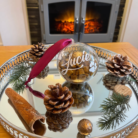 Pet Cat Paw Print Personalised Clear Feather Christmas Tree Hanging Decoration Bauble-0