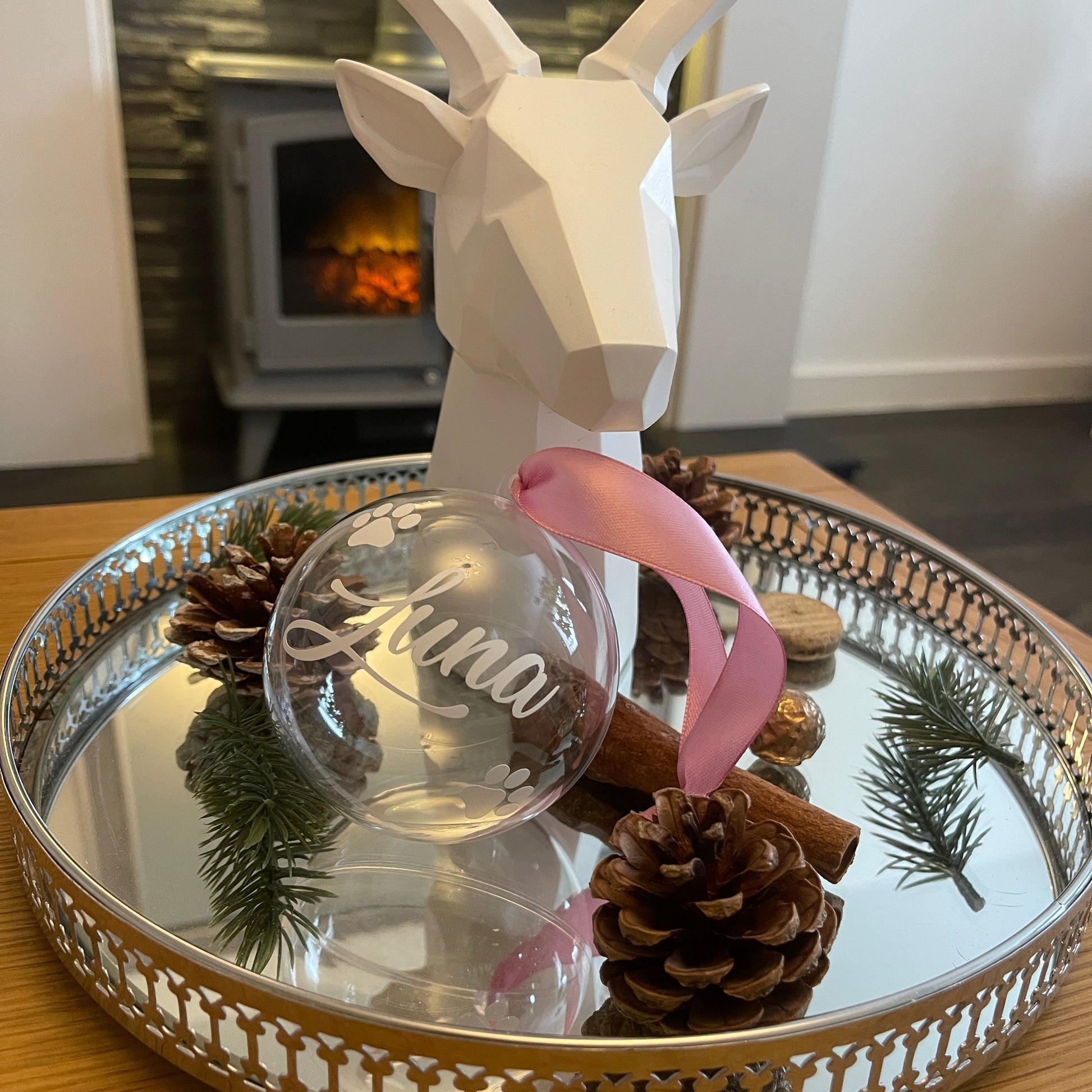 Pet Cat Paw Print Personalised Clear Feather Christmas Tree Hanging Decoration Bauble-1